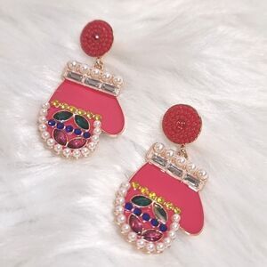 CB5 RED MITTEN CHRISTMAS EARRINGS pearl rhinestone